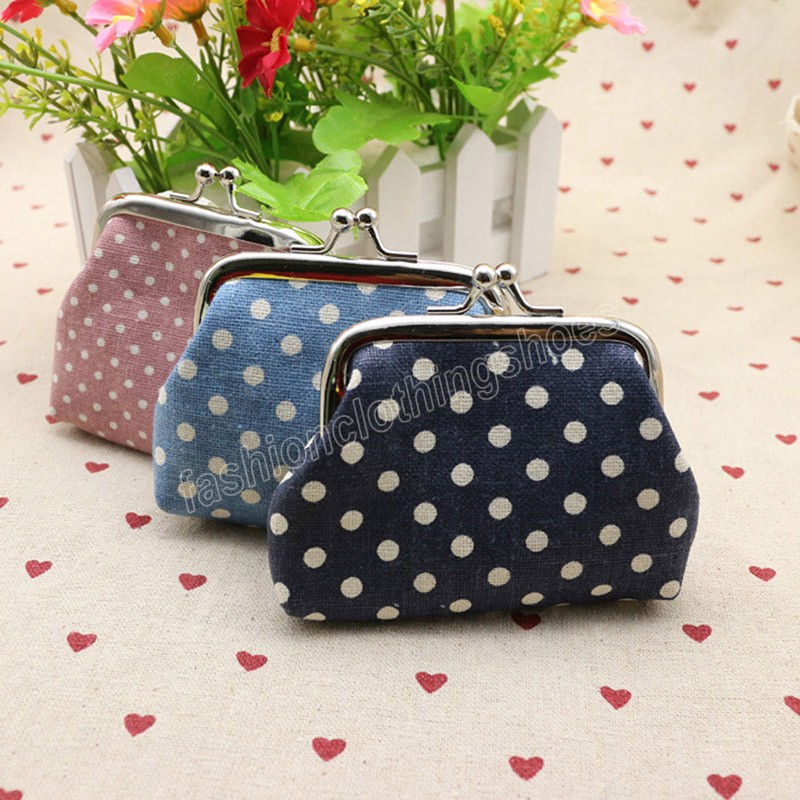 Women Girls Coin Purse Polk Dot Design Printed Wallet Lady Kids Small Purse Coin Pouch Bag Key Bag Hand Bag Metal Kiss Clips