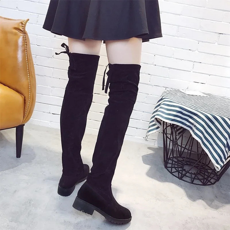 Boots Faux Suede Female Heels 2024 Autumn Winter Sexy Elastic Over-the-knee Boots for Women Tube Lace-up Thigh Boots Black Botas Mujer 231109