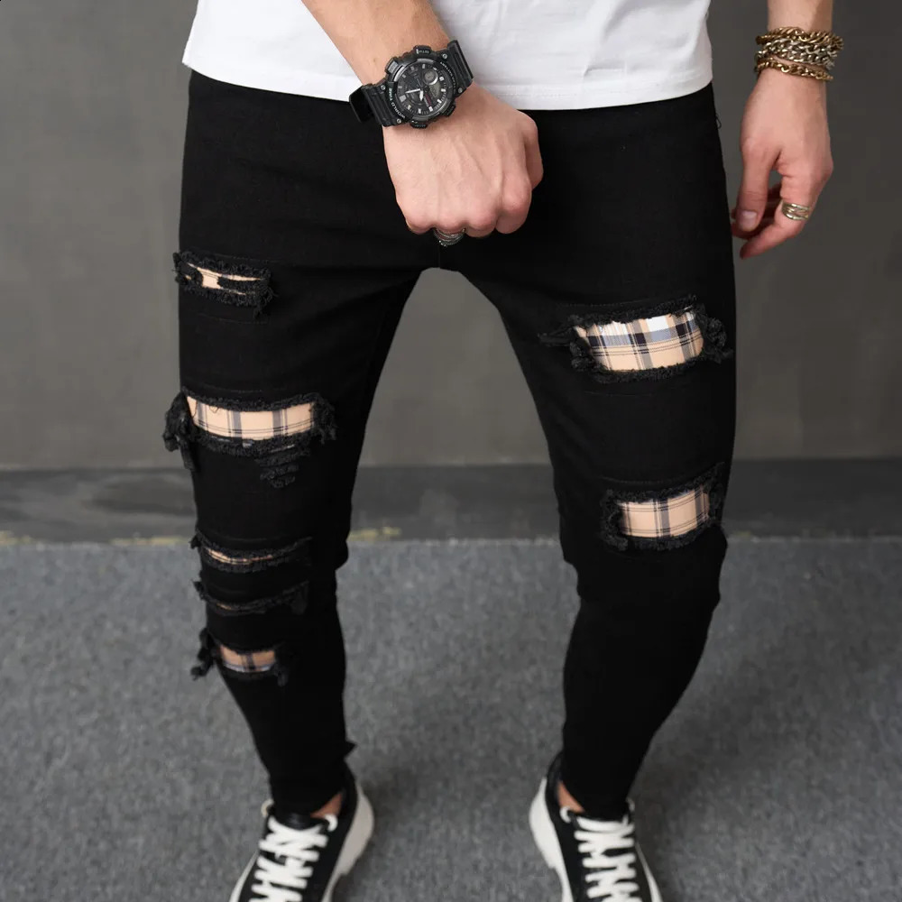 Мужские джинсы, мужская новая уличная одежда, ультратонкие джинсы с нашивкой, модные мужские повседневные брюки-карандаш с дырками, 231109
