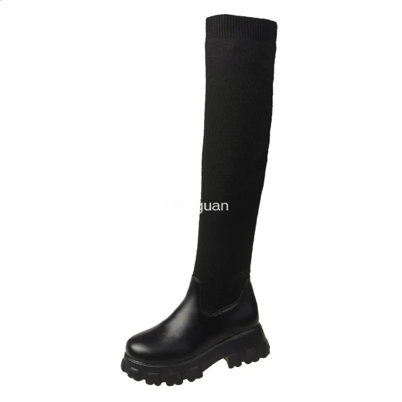 Bottes Automne hiver femmes sur le genou bottes cousues en cuir chaussette botte femme Sexy cuissardes plate-forme Goth chaussures noir Botas 231109