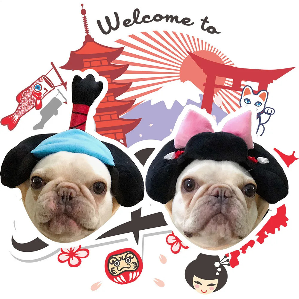 Altre forniture cani Samurai giapponese Cappello divertente cani Esilarante animale domestico Bulldog francese Costume Leone Parrucca capelli Cappellino Cosplay Costumi cuccioli cani di piccola taglia 231109