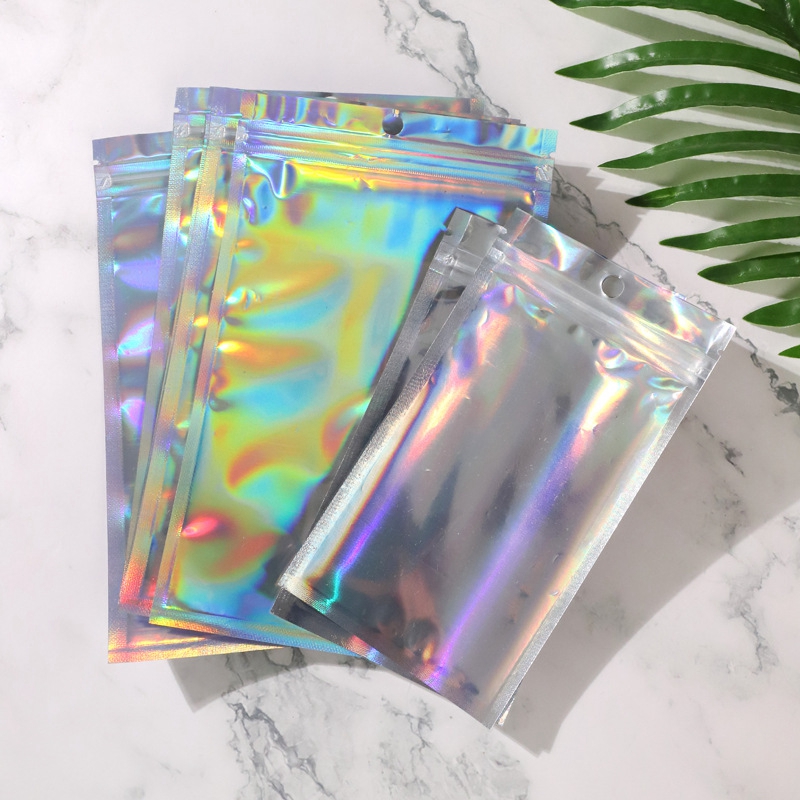 14 Sizes Holographic Translucent Zip Lock Laser Self-Sealing Plastic Bag Package Pouch Smell Proof Storage Food Rainbow Color Gift Packaging Resealable Necklace