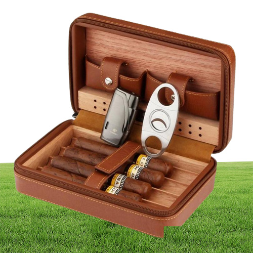 Cigarrtillbehör Portabel cederträ cigarrhumidor läder wrap rese fall 4 Cigars Box Lagring Humidorer Humidifier Accessories 6461374