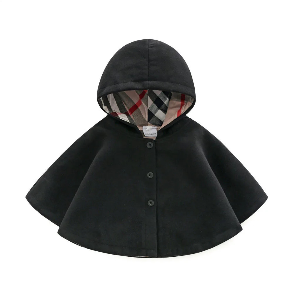 Coat Kid Hooded Cloak Woolen Jacket Baby Buttons Outwear Infants Shawl Spring Autumn Children Clothes Plaid Lining Windproof for Girl 231109