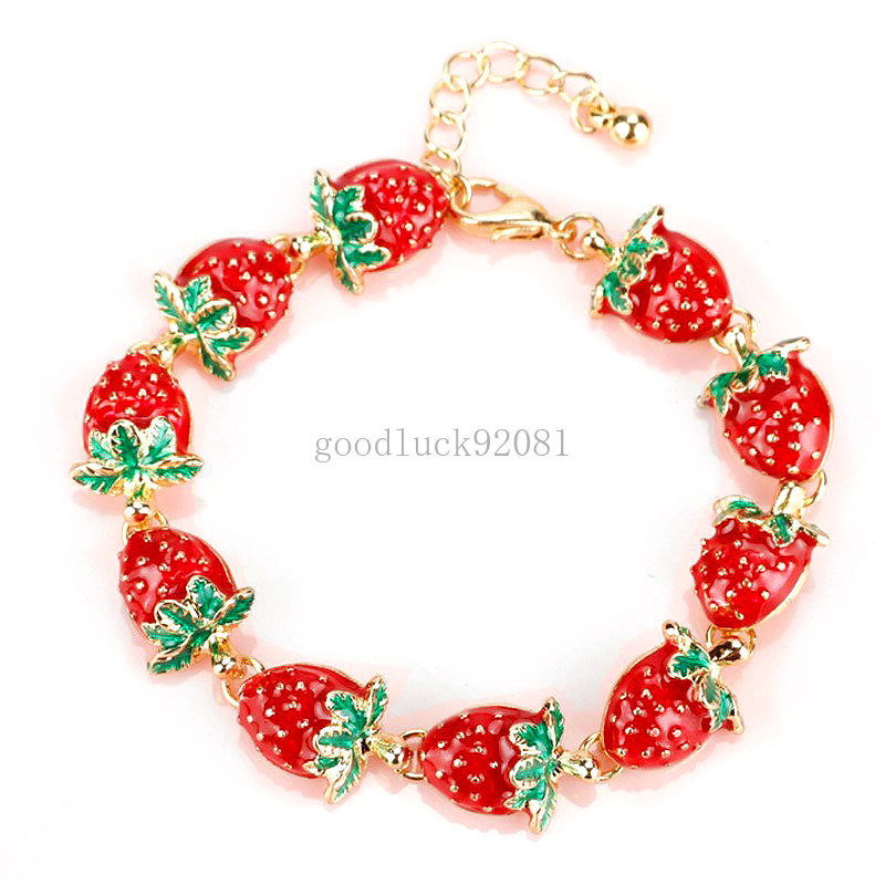 Красные клубничные розы, подвесной браслет, кавайные браслеты с блестящими кристаллами для женщин, фруктовые украшения, аксессуары, подарки для девочек