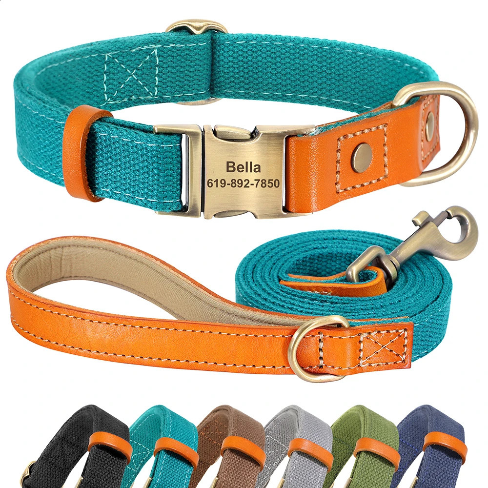 Hundehalsbänder und Leinen, personalisiertes Hundehalsband-Leine-Set, Nylon-Leder-Hundehalskette, individuelle Haustier-ID-Tag-Halsbänder, 1,5 m langes Laufleinenseil für Hunde, Mops, 231110