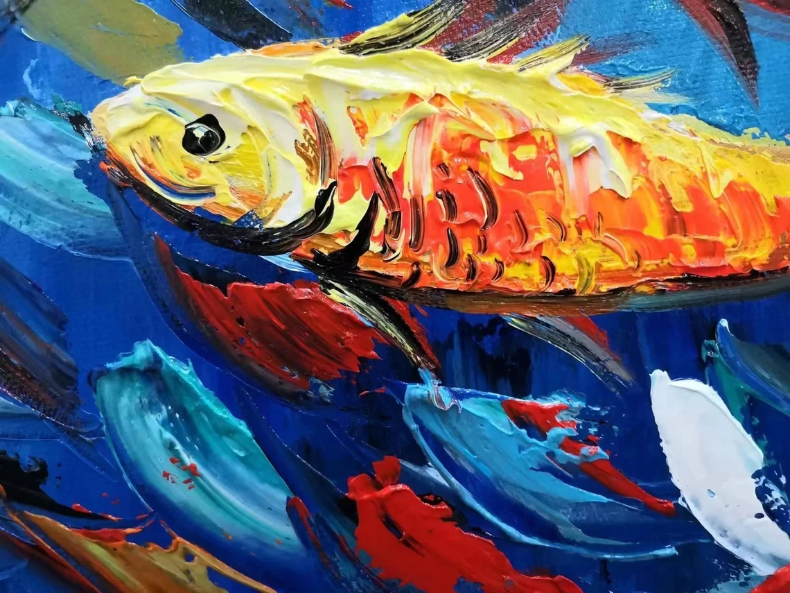 Pittura a olio di scuola di pesce dipinta a mano su tela, arte murale personalizzata, immagine astratta della pittura del mare blu, decorazione della casa del soggiorno