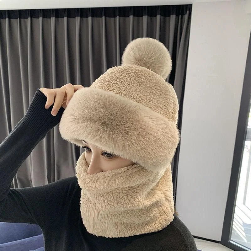 Beanieskull Caps Winter Scarf Set Hooded For Women Plush Neck Warm Ryssland Outdoor Ski Windproof Hat Thick Fluffy Beanies 231109