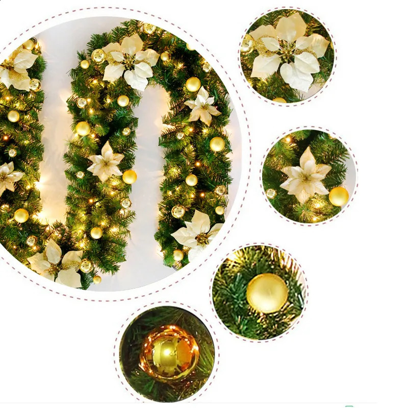装飾的な花の花輪27m鉛クリスマスラタンライトアップガーランドリースデコレーション人工クリスマスフラワーホーム暖炉ツリーストリップ飾り231109