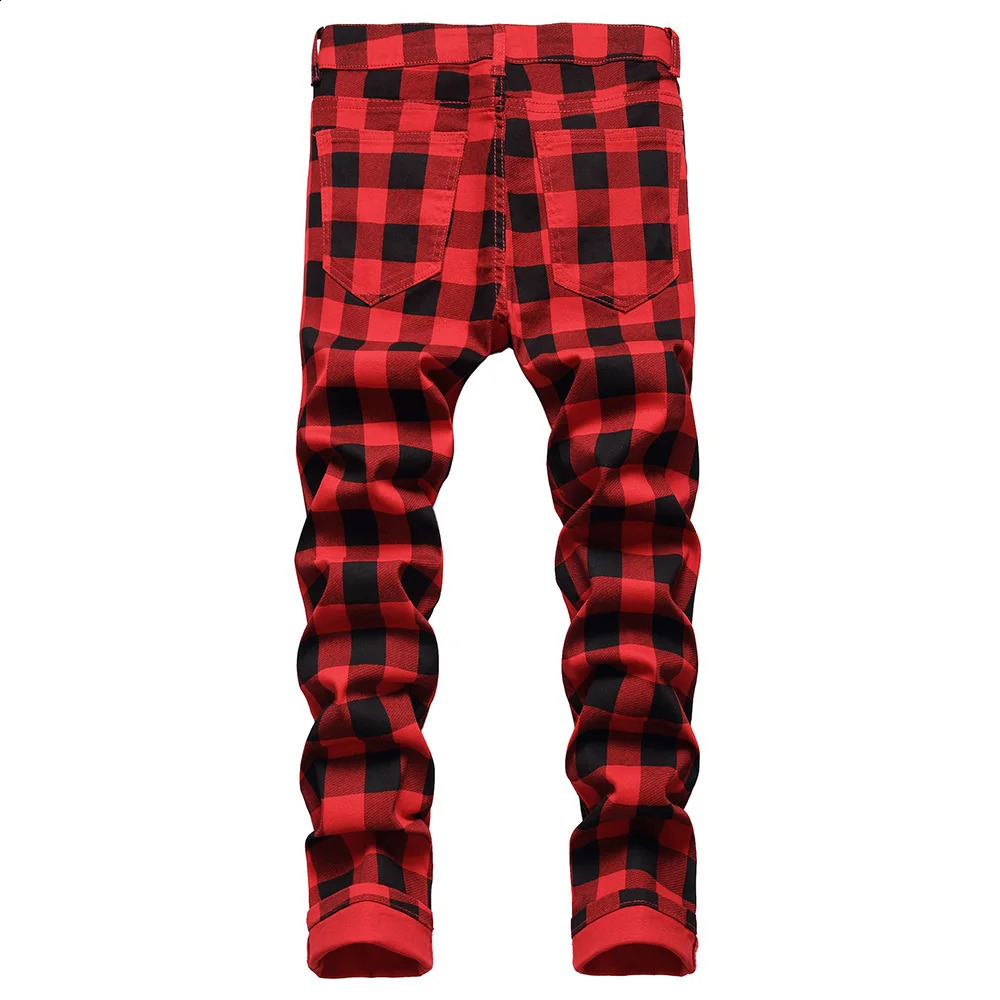 Herenjeans Heren Rode Plaid Bedrukte Broek Mode Slanke Stretch Jeans Trendy Grote Maat Rechte Broek 231109