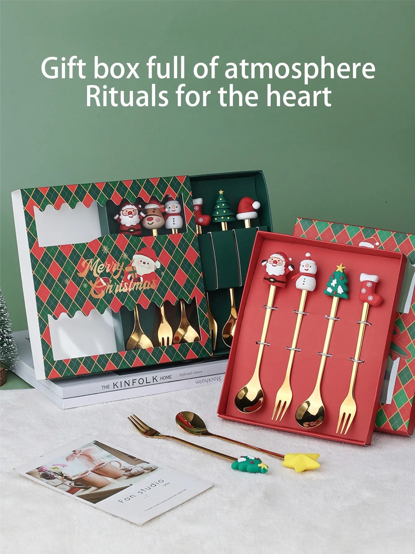 مجموعة شوكات القهوة عيد الميلاد   ، هدايا عيد الميلاد من الفولاذ المقاوم للصدأ من الفولاذ المقاوم للصدأ للأطفال مجموعة مربع الهدايا الأحمر/الأخضر