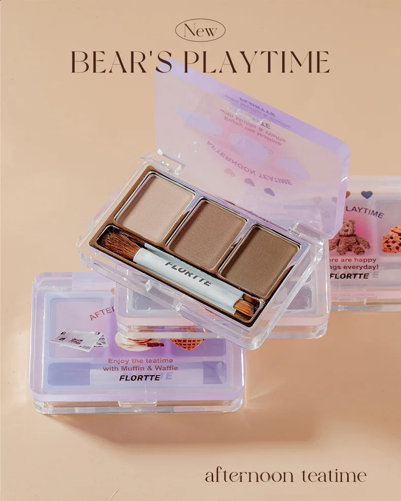 Melhoradores de sobrancelha Flortte Beauty Bear's Series Pó de sobrancelha de 3 cores à prova d'água à prova de manchas de longa duração Cosméticos de maquiagem de sobrancelha 231109