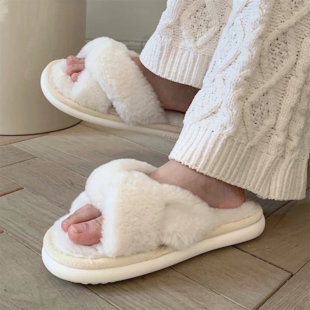 Slippers Fashion Cross Fluffy Fur Slippers Women Winter Home Fur Home Slippers Flat Indoor Floor Shoes Home Indoor Warm Slippers 231109