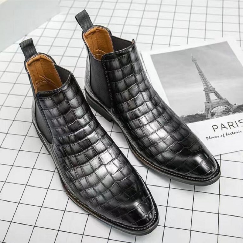 Yeni Kahverengi Chelsea Boots Erkekler için Siyah İş Smipted Toe Slip-On Timsah Desen El Yapımı Erkekler Kısa Botlar D2H19
