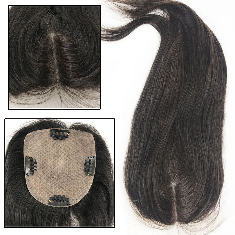 Silk Base Human Hair Toppers Clip in Bangs frans hårstycken rakt täcker vitt håravfall för kvinnor remy svartbrun mellersta del fin schweizisk spets naturlig hårbotten