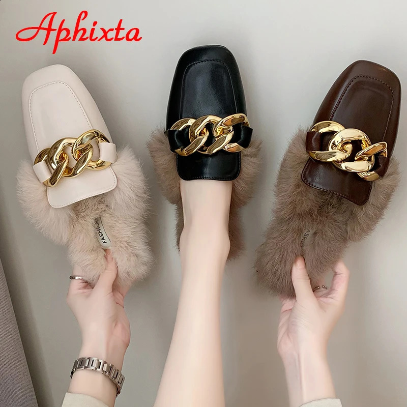 Chinelos Aphixta Inverno Grande Cadeia Longa Real Pele De Coelho De Pelúcia Mulheres Chinelos Natureza Quente Peludo Sapatos Quadrado Toe Flat Heel Slides 231110