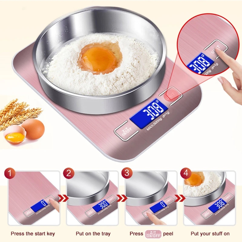 USB Recarregável Electronic Digital Food Kitchen escala de 5 kg 10kg/0,1g Display LCD Pesos de aço inoxidável Equilíbrio Equilibre