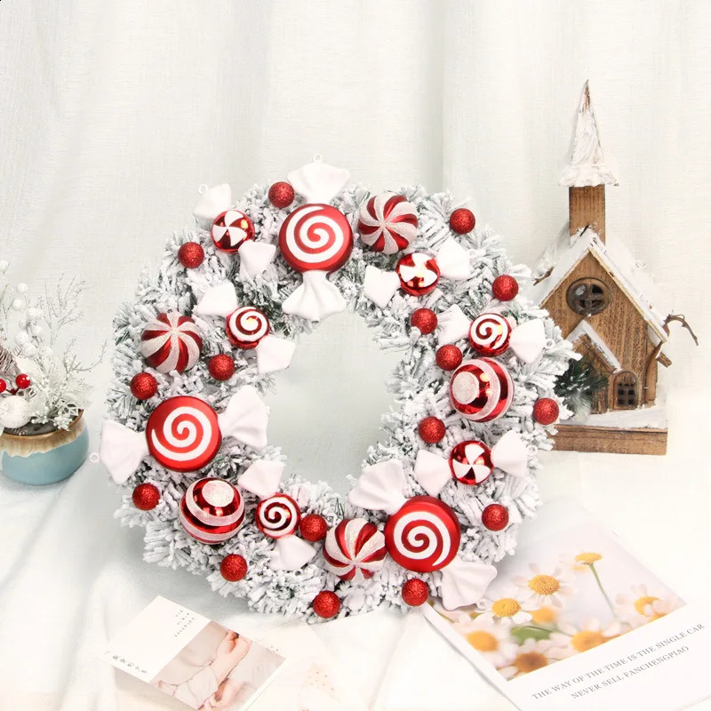 Decoratieve bloemenkransen Kerstversiering 40 cm Simulatie Snoepkrans Deur Hangende rekwisieten Boomaccessoires Sneeuwvlok 231109