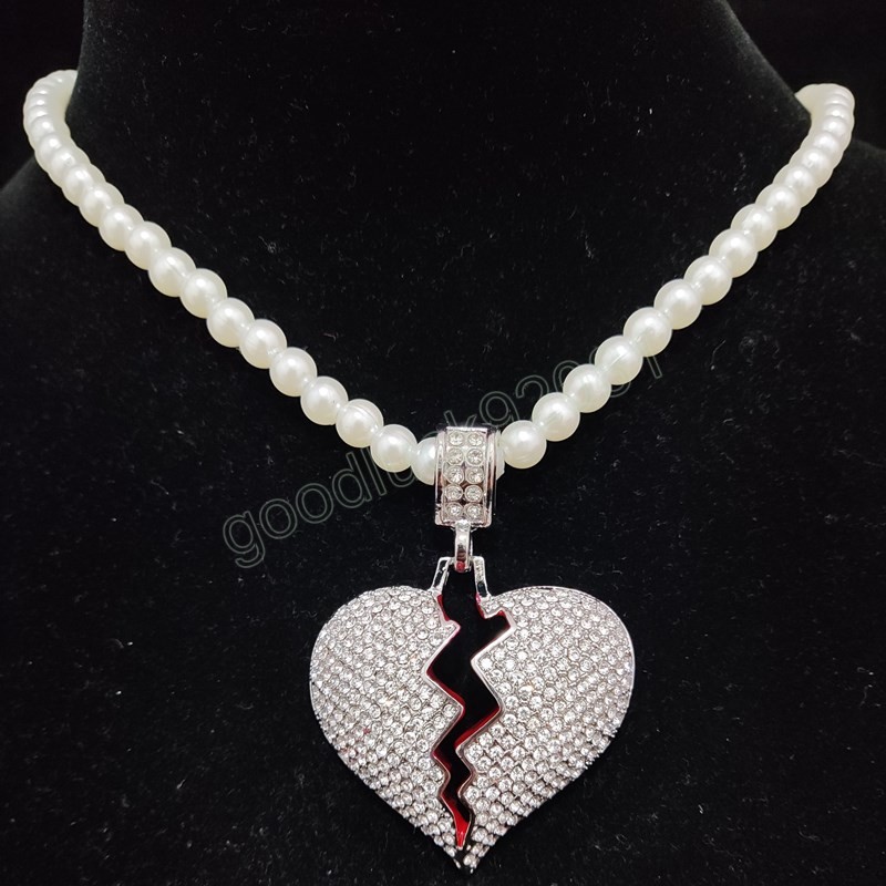 Mężczyźni kobiety hip -hopowe serce lodowe Bling wisiork z 5 mm biały imitacja Pearl Choker Naszyjniki cyrkonowe biżuteria