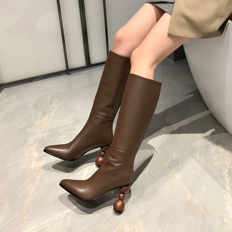 Boots YYDD Genuine Leather Pointed Toe Elegant Black Brown Wood Super High Heels Women's Boots Party Dress Lady Shoes Size33-40 231110