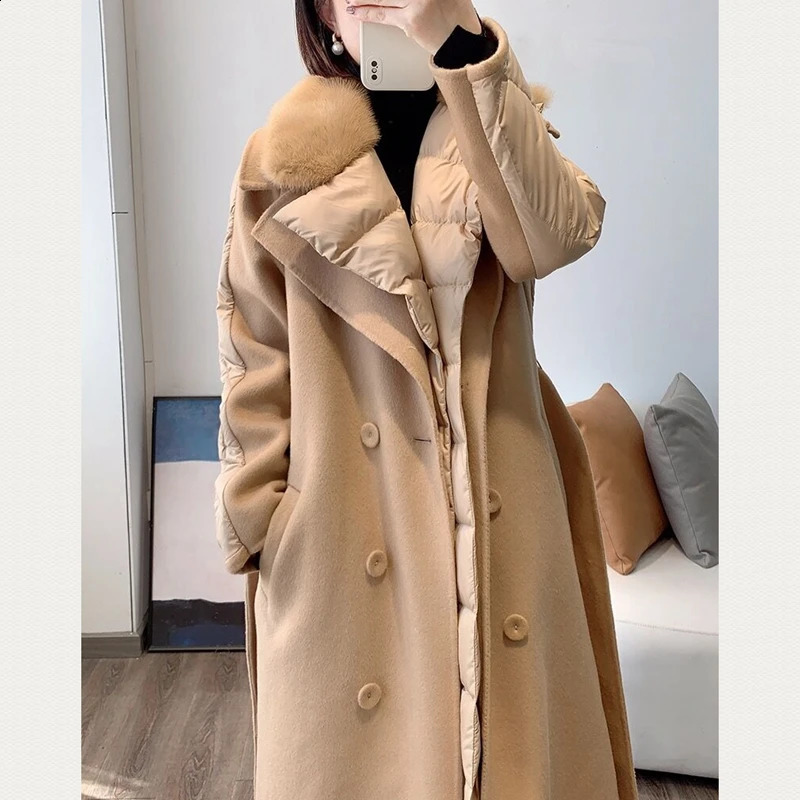 Women's Fur Faux Women Cashmere Coat Long Filling White Goose Down Overcoat Natural Mink fur Jacket Soft H1111 231110