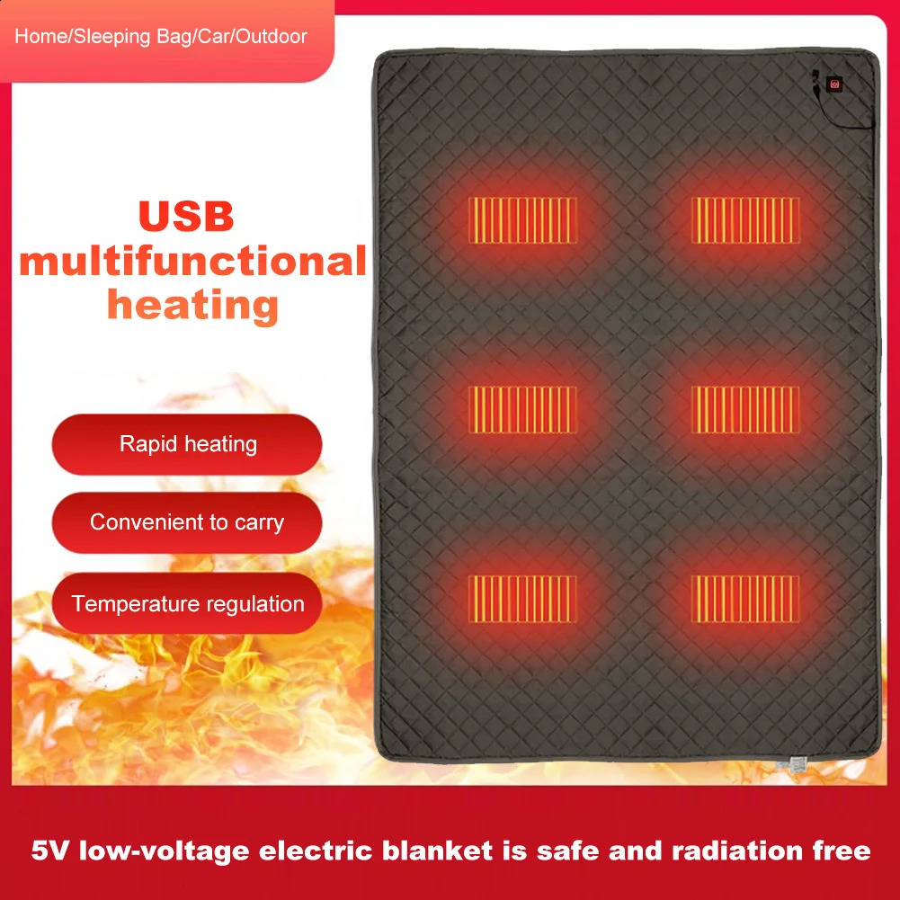 Elektrische deken 6 gebieden verwarmingspad USB winter verwarmde mat buiten slapen thermische camping voetwarmer 180x150cm 231109