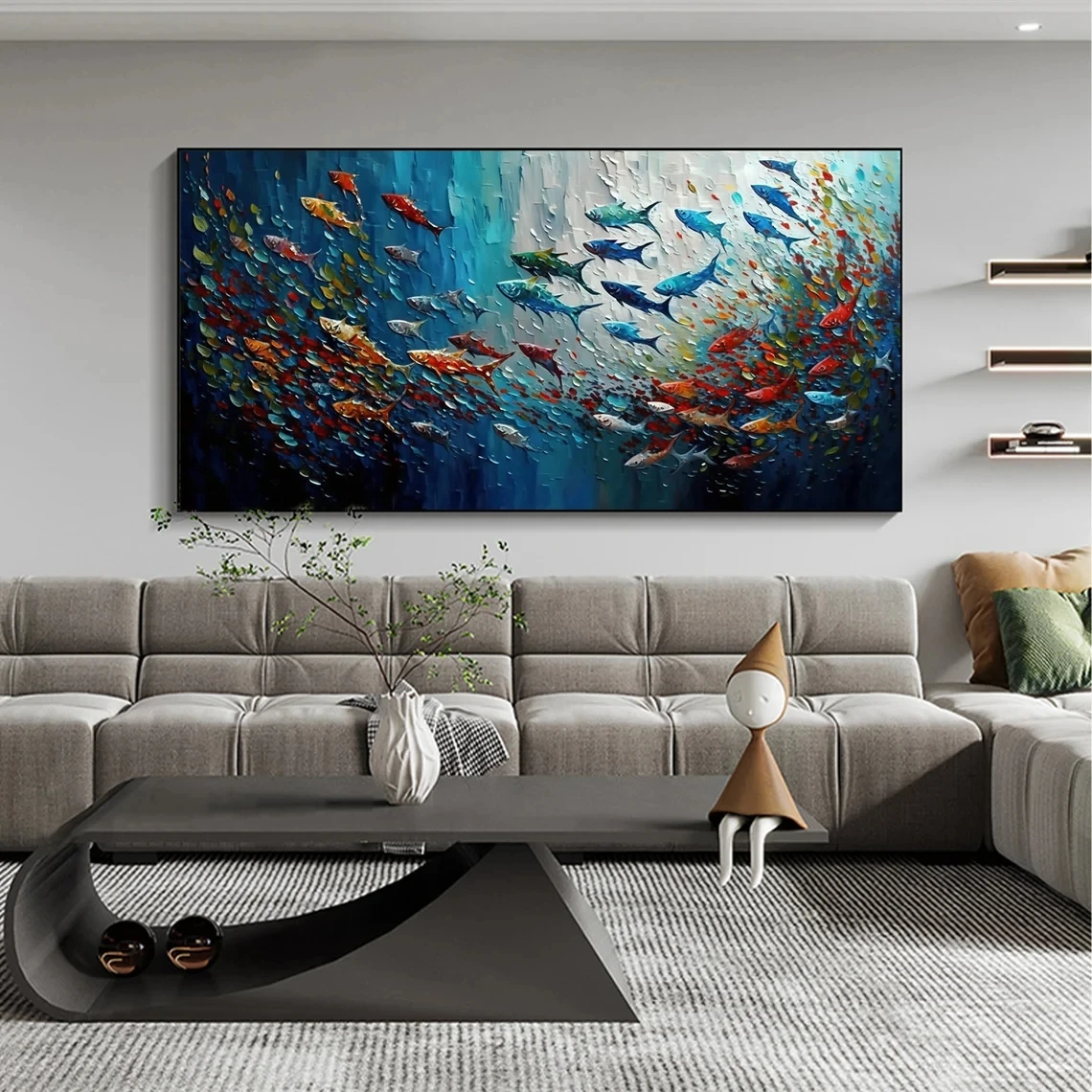 Pittura a olio di scuola di pesce dipinta a mano su tela, arte murale personalizzata, immagine astratta della pittura del mare blu, decorazione della casa del soggiorno