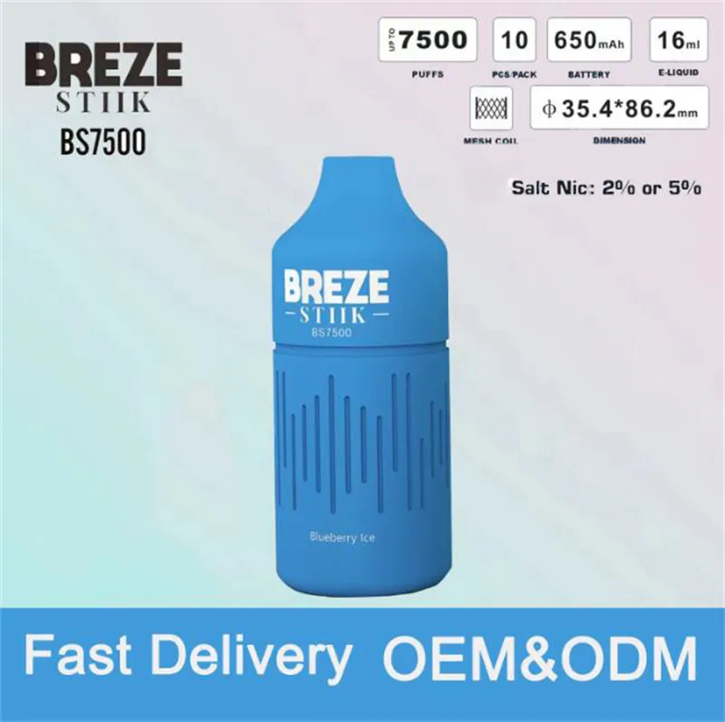 Oryginalny Breeze Stiik BS7500 Puffs E papierosy 2% 5% Cewka z cewki z cewką 7500 Dostosowane pióro Vape z akumulatorami 600 mAh 16 ml Breeze Pro Edition 7500puff