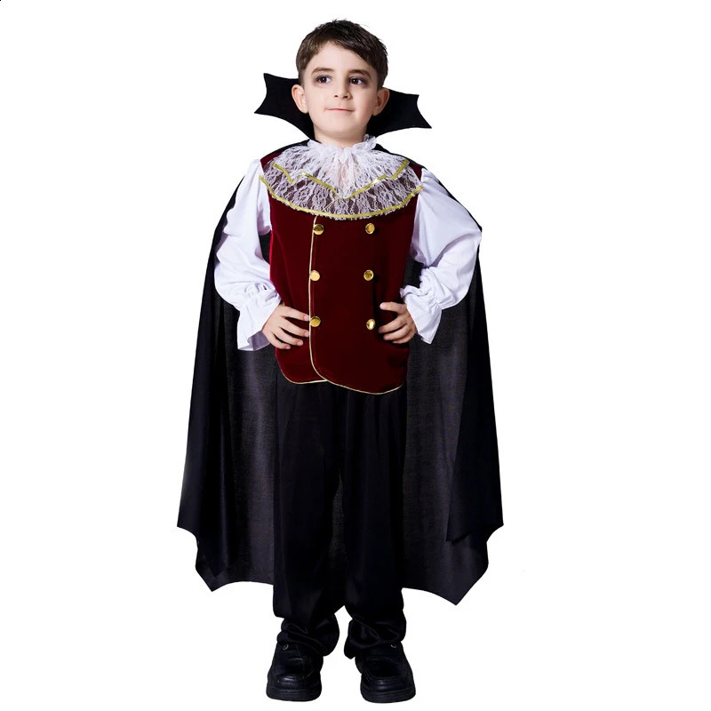 Cosplay Kids Costume Capes Robes Black Red Deluxe Fantasia Dress Up Girl Boys Halloween Shirt Vest Pants Cloak Set i full längd 231109