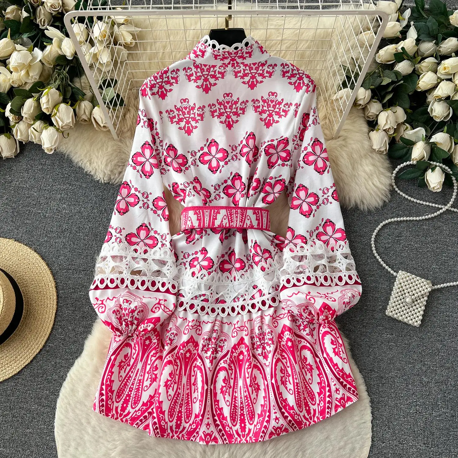 Basic Casual Dresses Women Embroidery Hollow Out Ing Flower Dress Runway Stand Puff Sleeve Single Breasted Floral Print Belt Mini Vestidos 2024