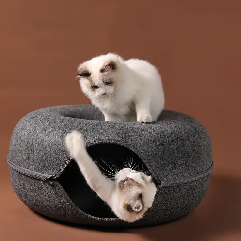 Camas para gatos Muebles Donut Cama para gatos Túnel Cama interactiva Casa de juguete para 2 gatos Fieltro Mascota Gato Cueva medio cerrada Entrenamiento interior Perrera Juguete Suministros para mascotas 231109