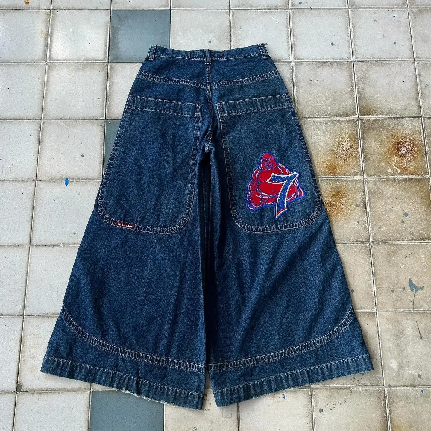 メンズジーンズレトロヒップホップ番号7グラフィック刺繍JNCOジーンズY2Kパンクストリートデニムパンツビンテージブルーストライプワイドレッグパンツ231109