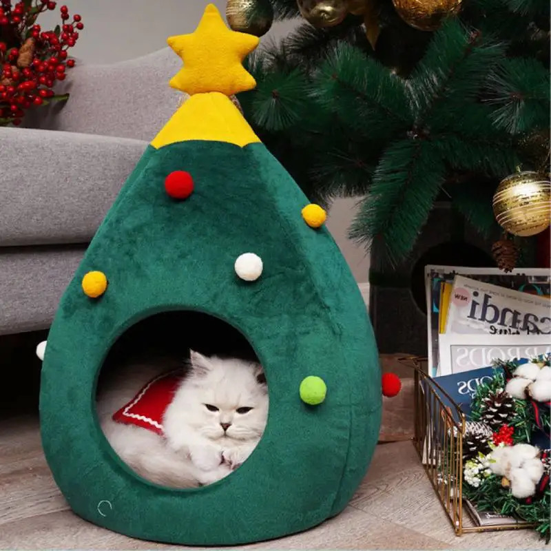 Cat Beds Furniture Pet House Cat Christmas Tree Shape Bed Dog Nest Puppy Cave Washable Mat Warm Comfort Soft Winter Cat House Pet Supplies Bed 231109
