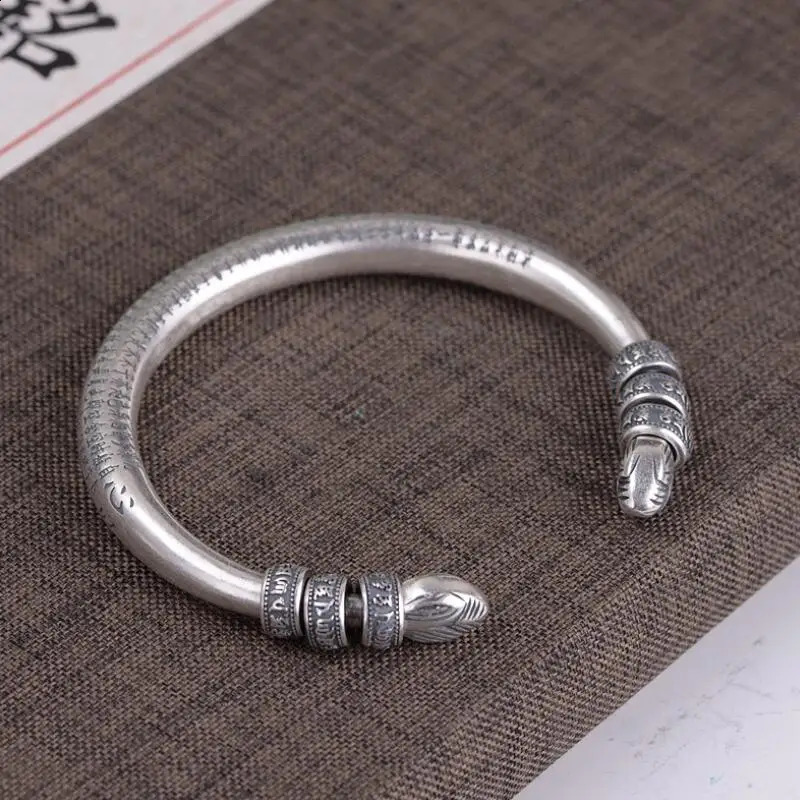 Bangle 990 Sterling Silver Tibetan Six Words Mantra Bangle for Men and Women Buddhist Heart Sutra Cuff Bracelet Good Luck Jewelry 231109