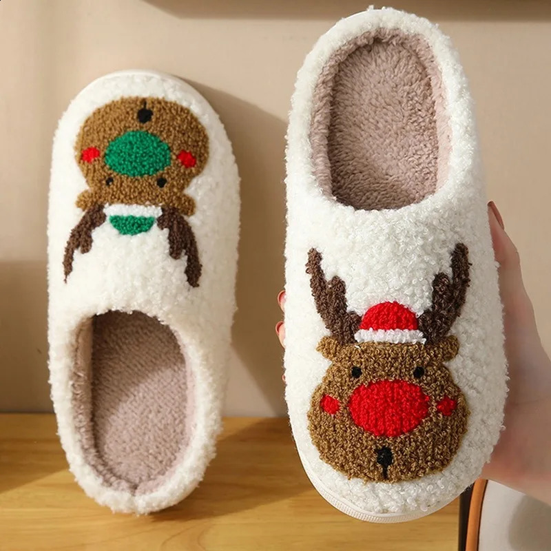 Slippers Christmas Elk Cotton Slippers For Men Women Lovely Cartoon Home Non-Slip Resistant Couples Indoor Bedroom Plush Cotton Shoes 231109