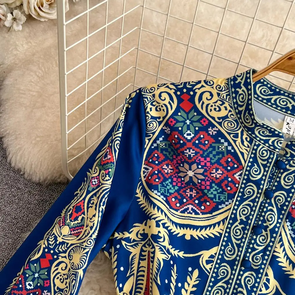 Casual Dresses Women Dresses Spring Autumn Runway Fashion Stand Collar Long Flare Sleeve Paisley Print Vintage Party Maxi Vestidos 2024