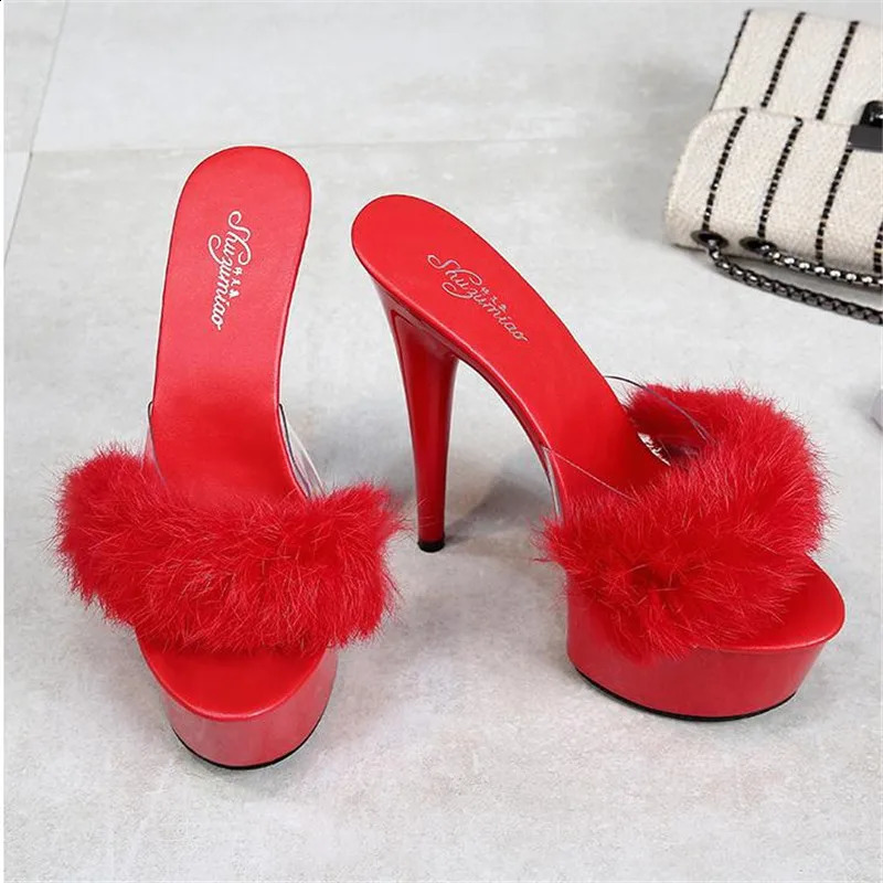 Slippers Women Club Rabbit Hair Special High Heels And Sexy Black Waterproof Platform Highheels Sandals Female LFD 231110