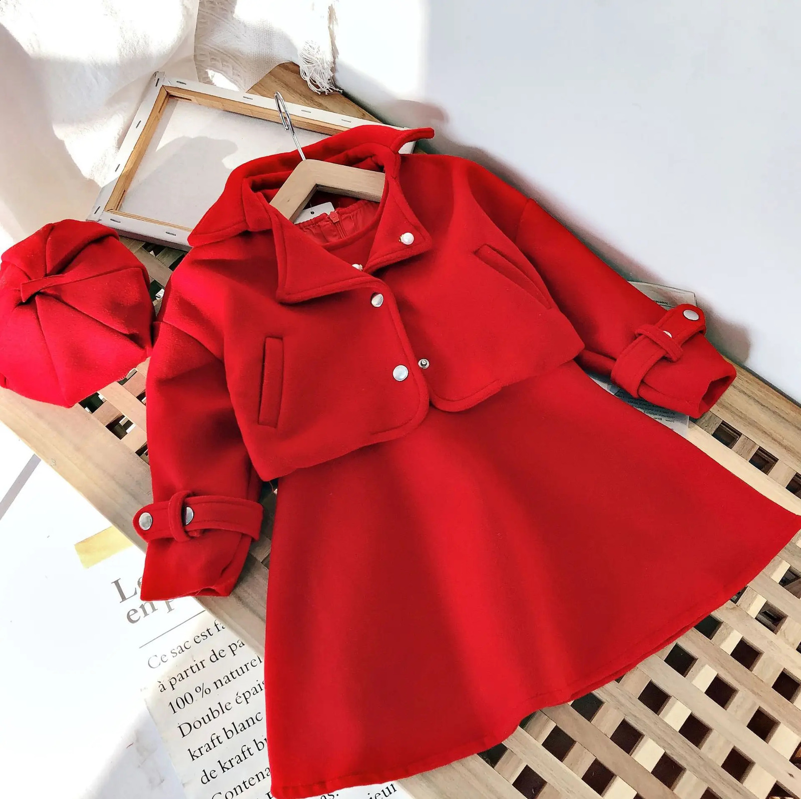 Girl's Dresses Christmas Girls Costume Korean version Vest Kjol Woolen Jacket Hat 3st Set Long Sleeve Winter Children's Clothing 2 till 6 Y 231109