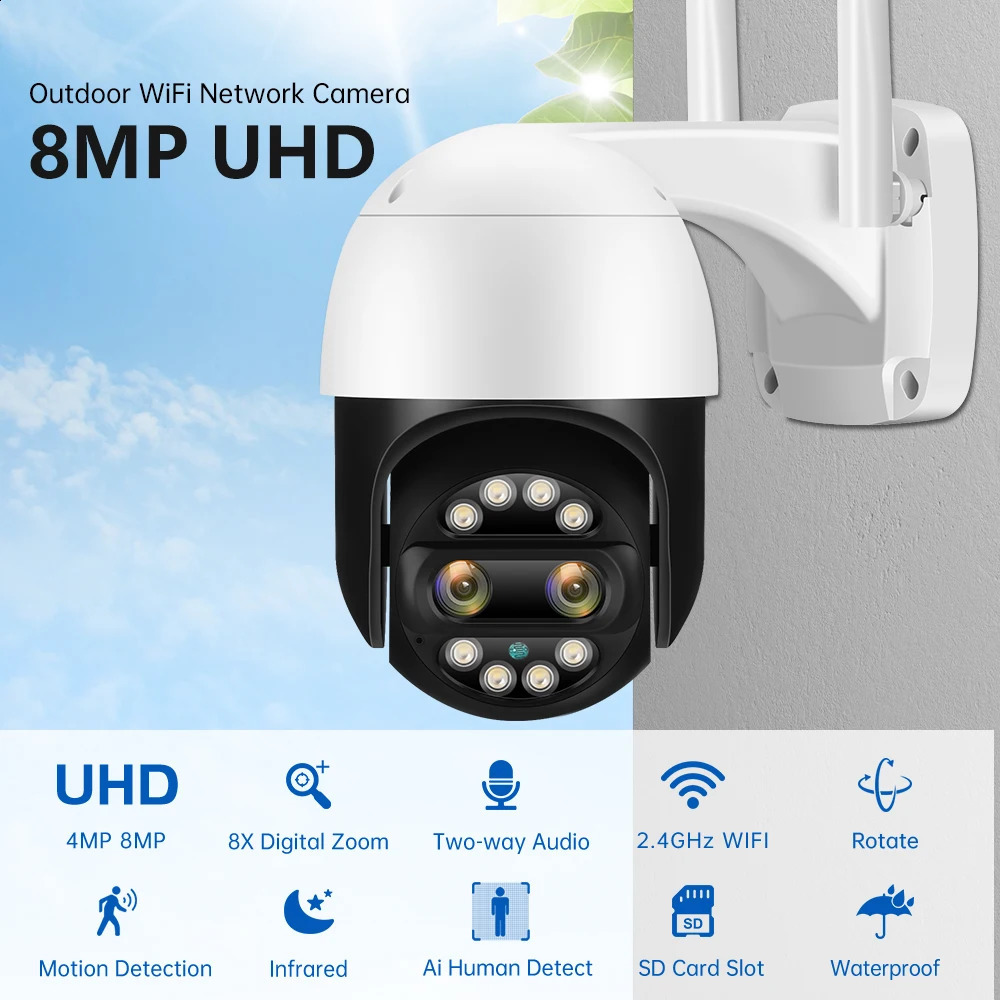 Kamery IP 8MP Ptz WiFi aparat Dual obiektyw Nocny wizja Wykrywanie przez ludzi 8x cyfrowy zoom CCTV kamera nadzoru wideo 4MP Security Camera 231109