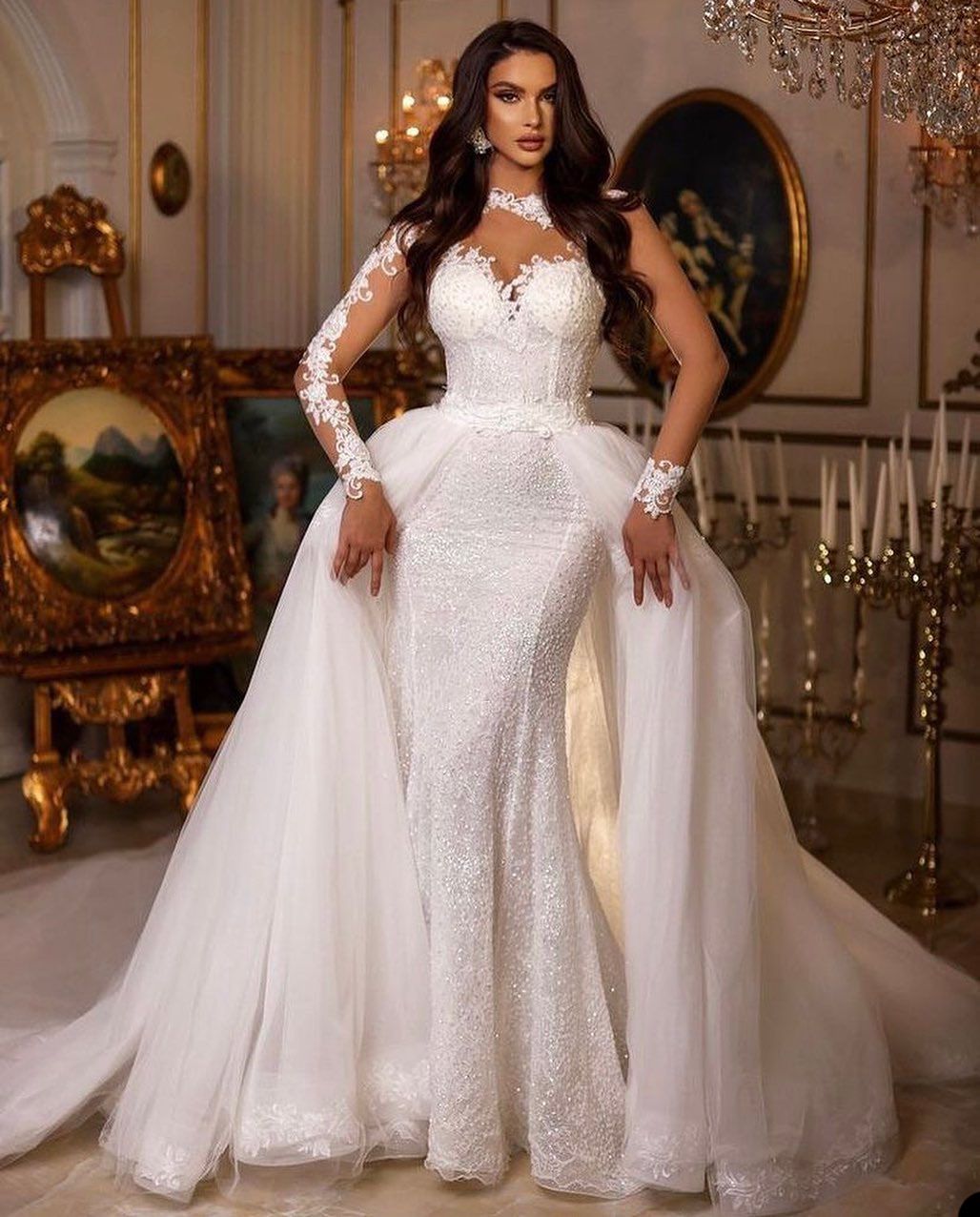 2023 Sexy Wedding Dresses Bridal Gowns Overskirts Lace Appliques Crystal Beads Mermaid Long Sleeves Jewel Neck Illusion Sheer Tulle Custom Made Country Plus Size