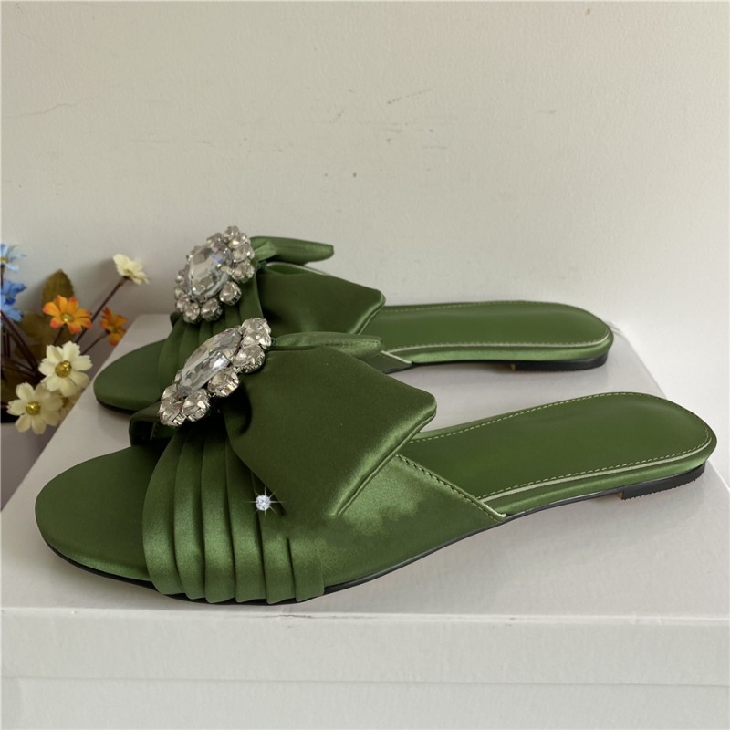 Luxury Satin Pleated Butterfly-Knot Lady Mules Sandals Sexy Open Toe Crystal Rhinestone Buckle Decor Flat Heel Slippers Women