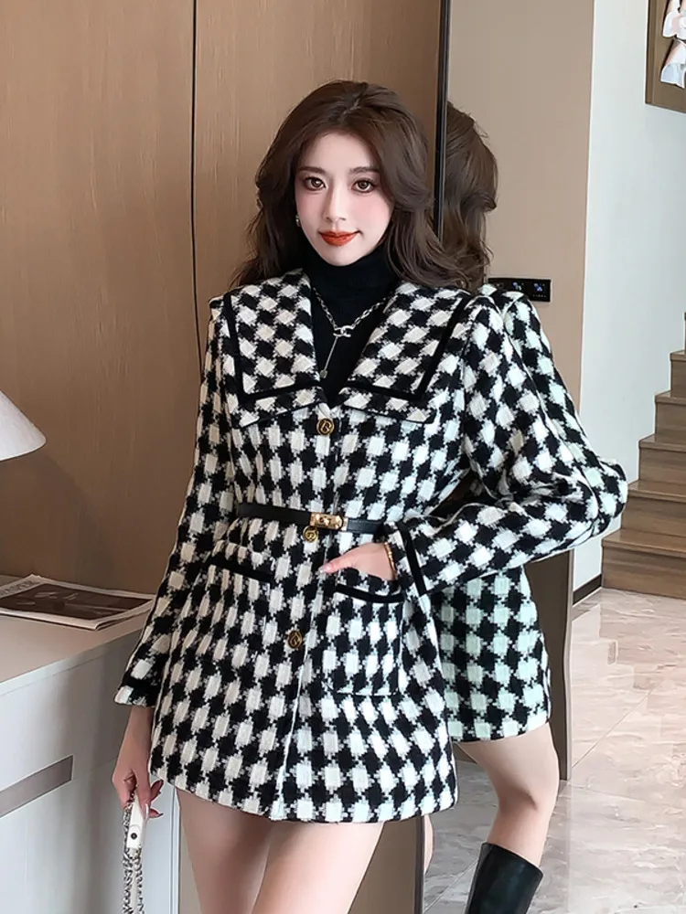 Women's Outerwear Winter Vintage Women Tweed Jackets Korean Fashion Simple Single-Breasted Casual Thicken Loose Female Plaid Woolen Coats 2024