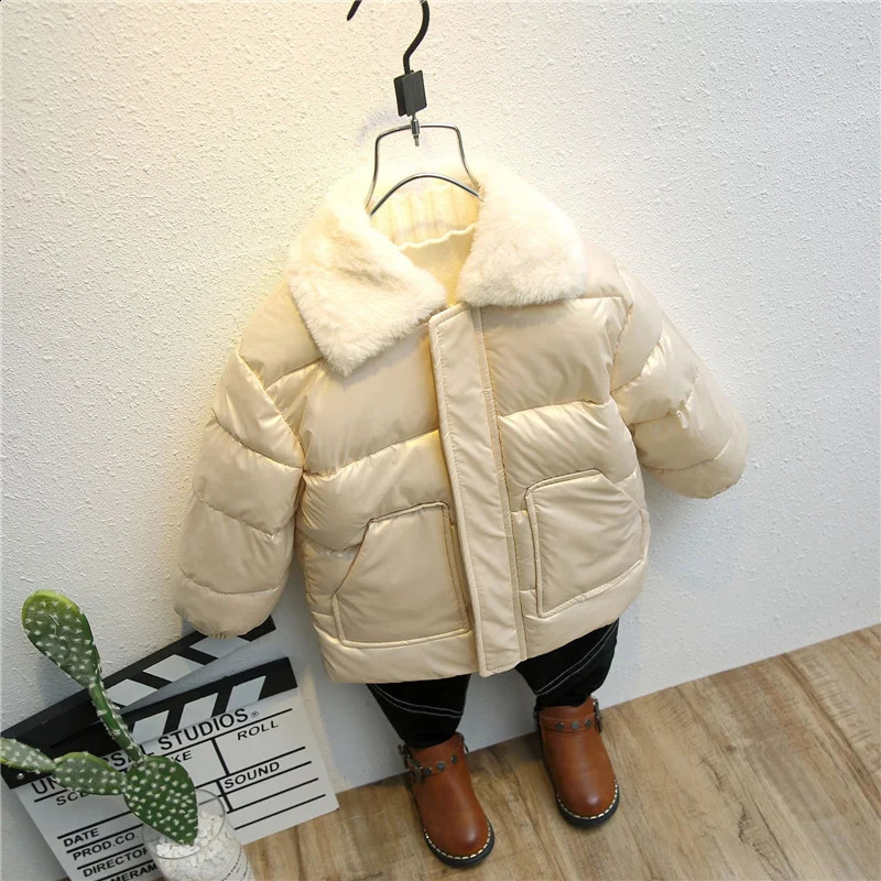 Manteau d'hiver pour enfants, vestes chaudes en coton, manteaux à col en fourrure de lapin, veste courte matelassée pour enfants, vêtements d'extérieur pour filles et garçons 231108