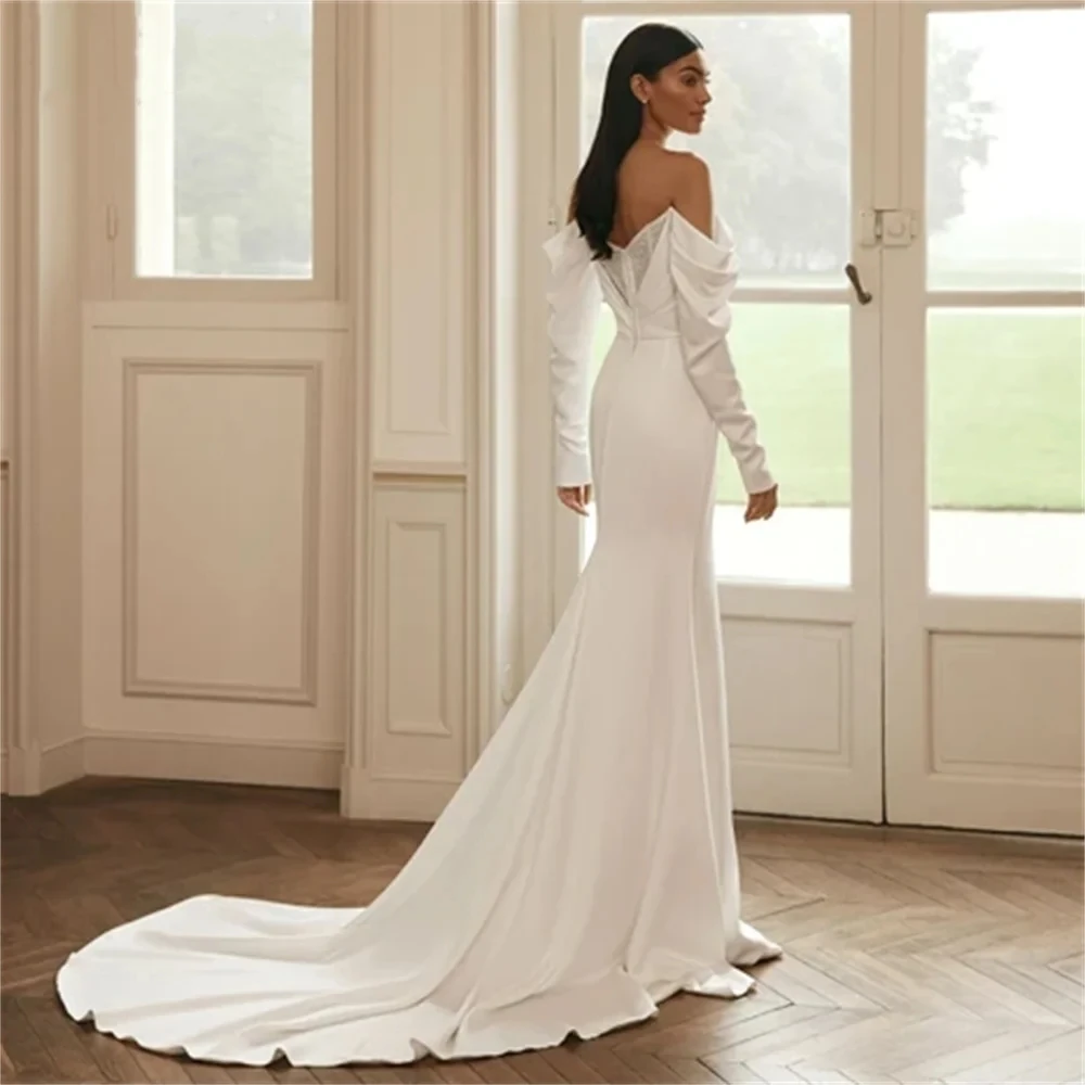 Classy Long Off the Shoulder Satin Plus Size Wedding Dresses Full Sleeves Mermaid Chapel Train Bridal Gowns