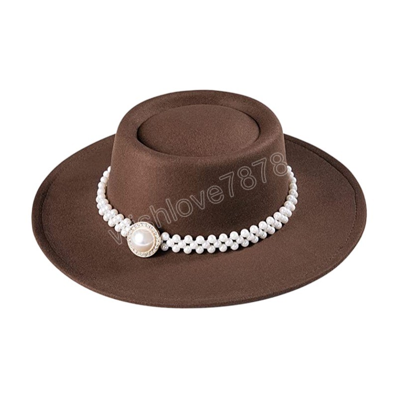 Femmes perle Fedora chapeau feutre large bord Vintage chapeau haut de forme avec ceinture de perles large bord Panama casquette automne hiver