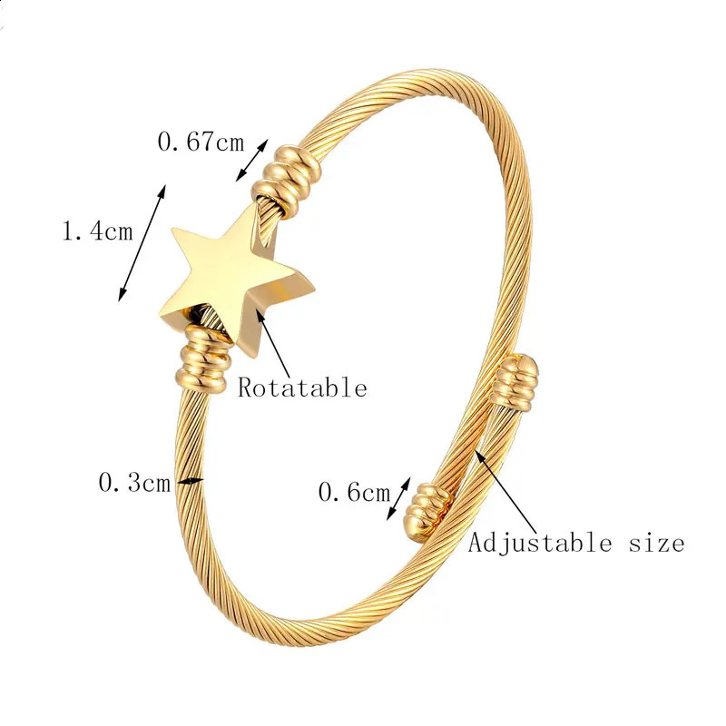 Bracciale rigido a forma di stella carino Bracciale di dimensioni regolabili Bracciale in acciaio inossidabile di alta qualità Cavo intrecciato Gioielli in filo metallico Regalo d'amore le donne 231110