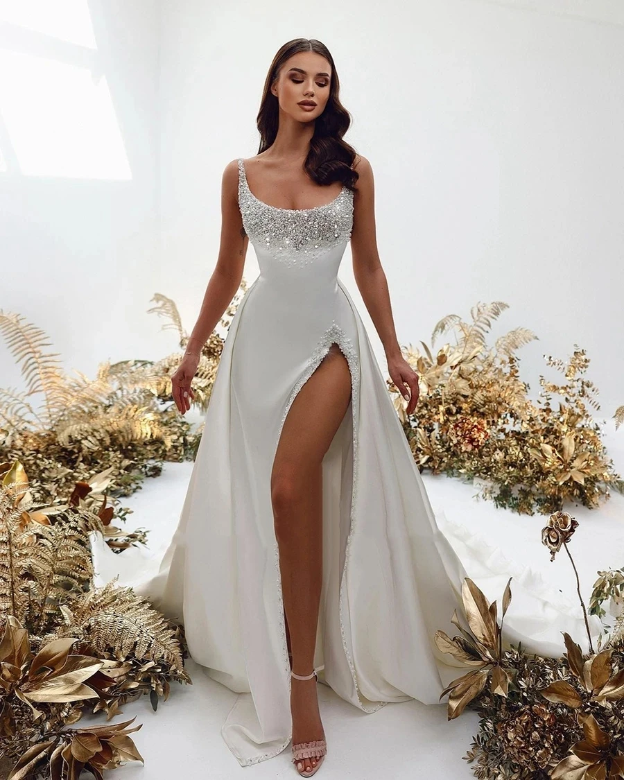 Sexy Long Strapless Beading Satin Wedding Dresses Sleeveless with Slit Mermaid Sweep Train Bridal Gowns