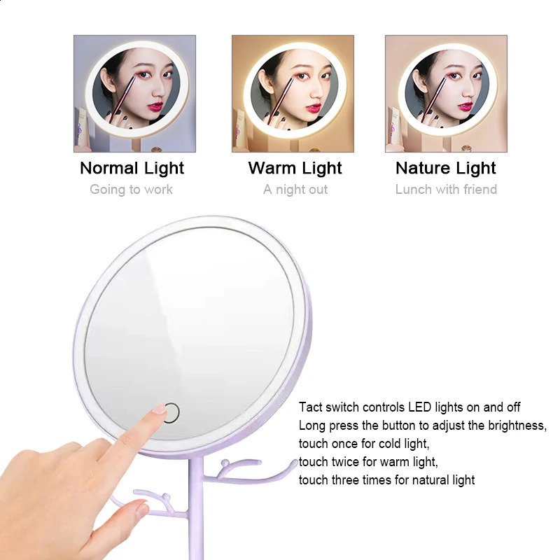 Miroirs compacts Miroir de maquillage grossissant intelligent 5X avec lumière LED miroirs de vanité ronds de Table portative de voyage avec outils de Rangement de cosmétiques de support 231109