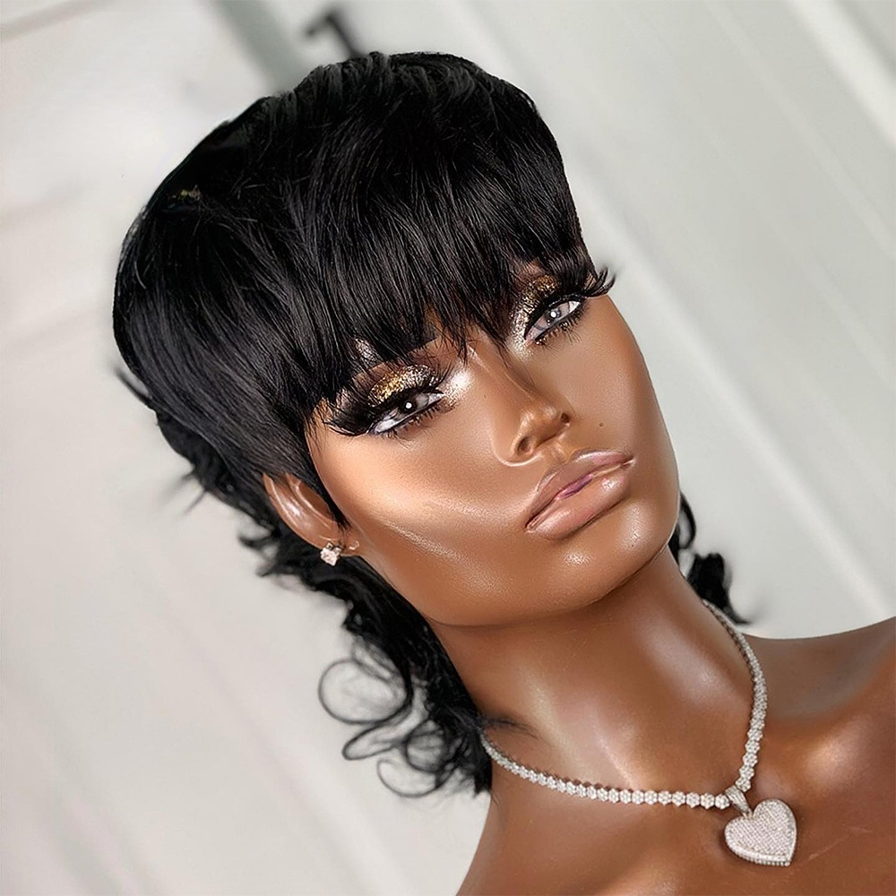 Fast Shipping Short Pixie Cut Wigs With Full bangs Wave Wavy Hair Peruvian Remy Human Hair Wig For Women Full Machine Made Wig Black