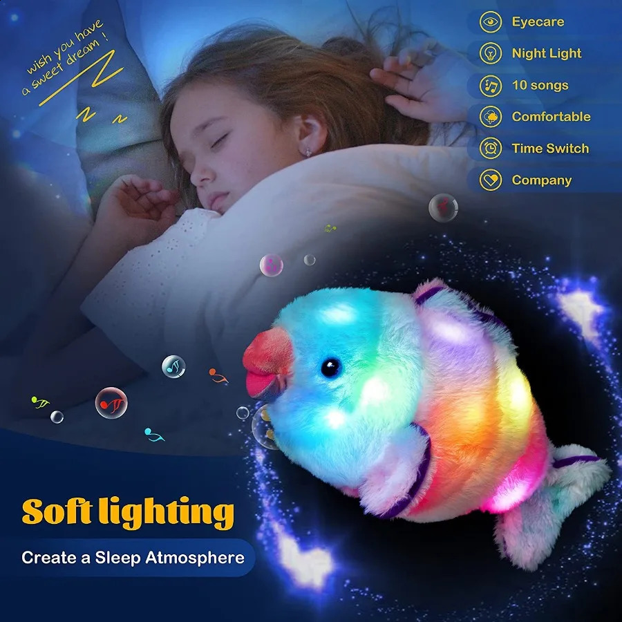 Plush Light - Up toys 33cm LED Musical Rainbow Fish Stuffed Light-up Singing Plush Toys Animals Fish Doll Lullaby Birthday Gifts for Kids Luminous 231109